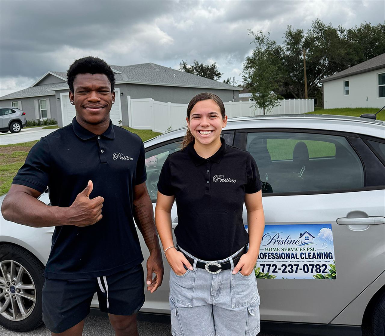 Nathalie and Allen, the Kumo Crew pressure washing team, standing in front of the Pristine Home Services PSL branded vehicle